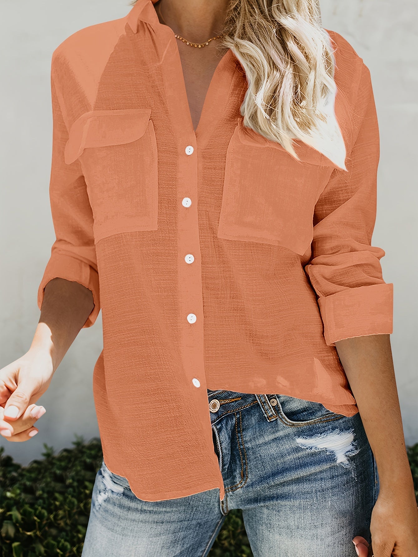 Priscilla – Long Sleeve Blouse with V-Neck and Button Placket in Front