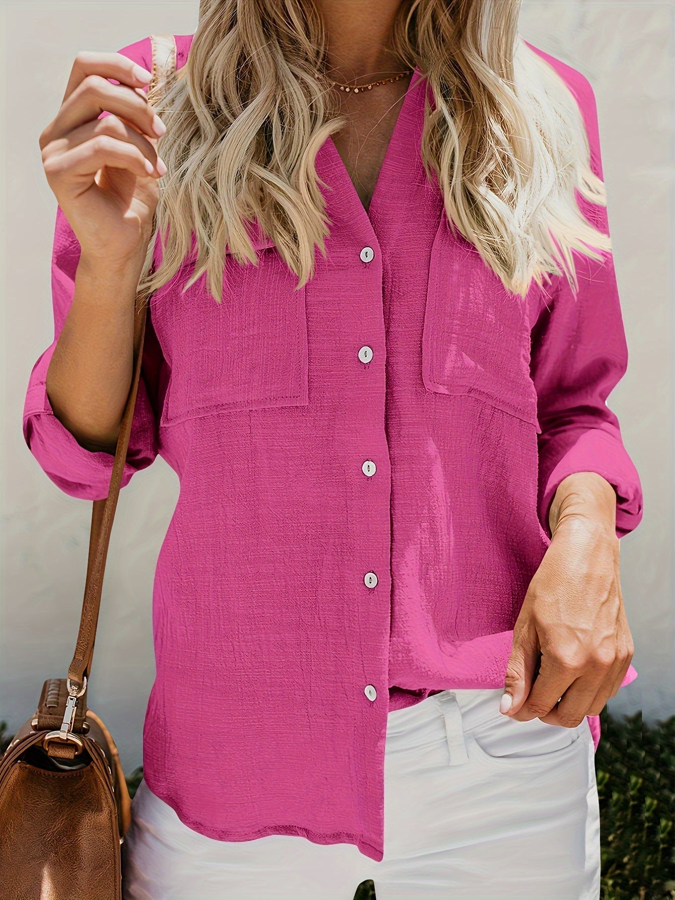 Priscilla – Long Sleeve Blouse with V-Neck and Button Placket in Front