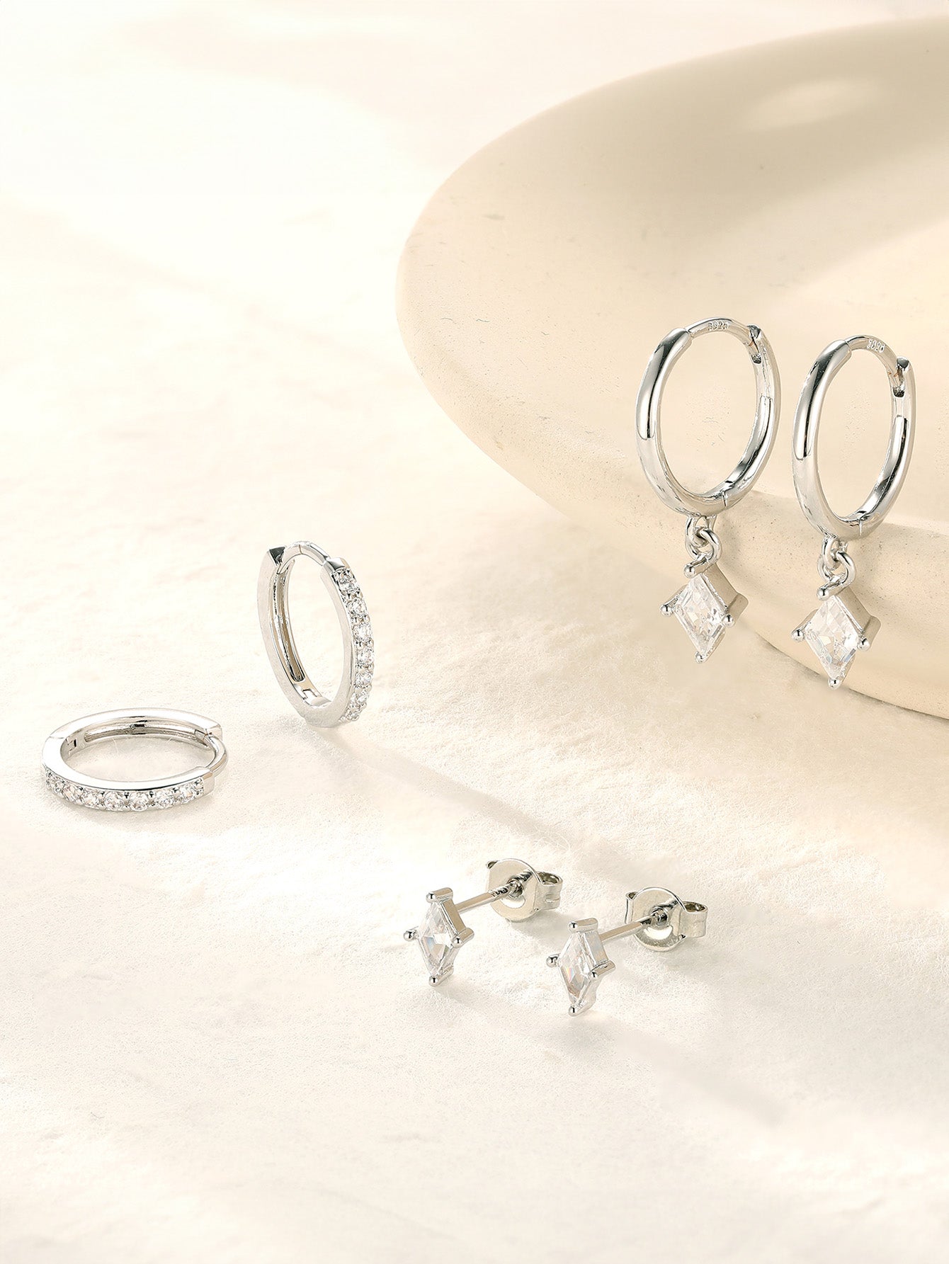 Quadrilateral Pendant Zirconia 3-Piece Earrings