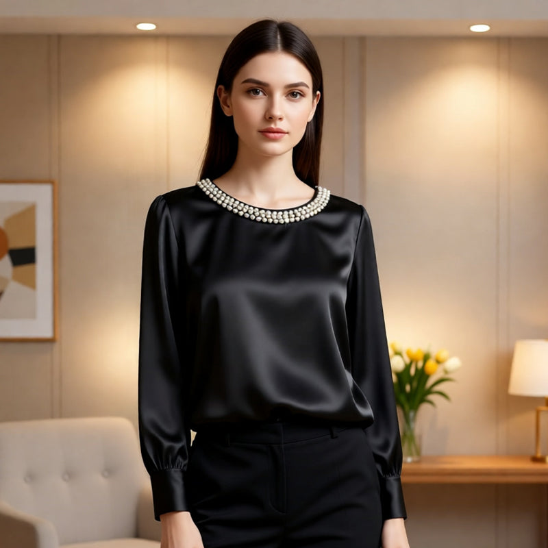 Quitterie – Satin Blouse with Pearl Collar