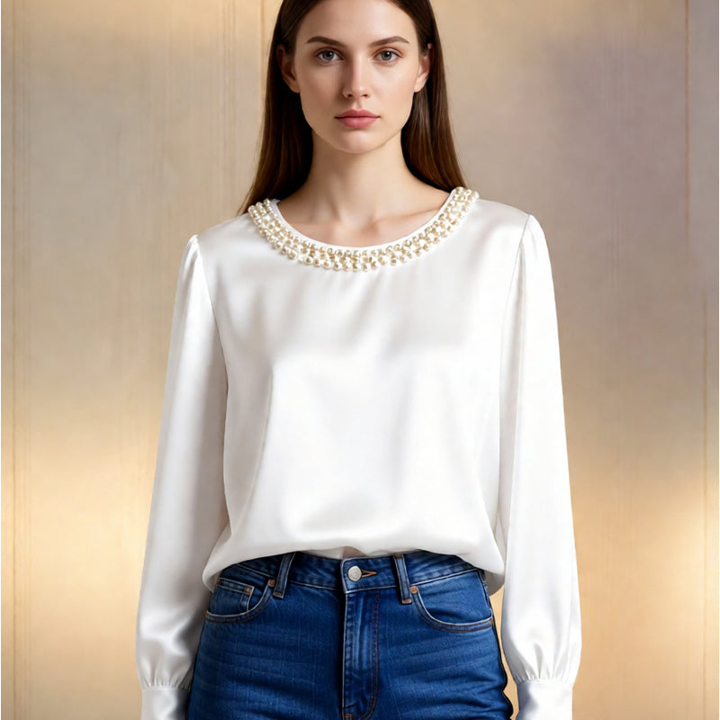 Quitterie – Satin Blouse with Pearl Collar
