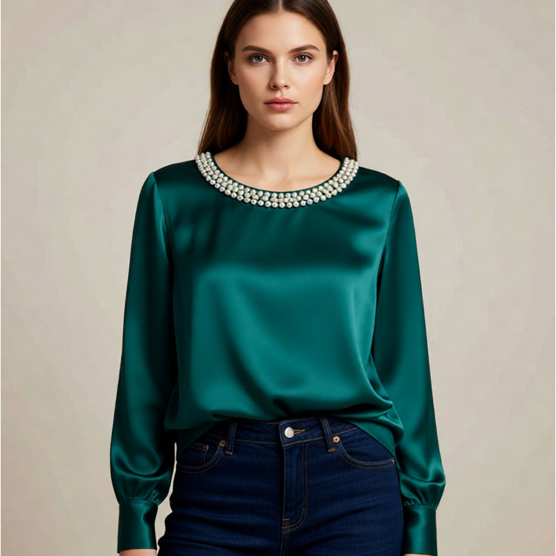 Quitterie – Satin Blouse with Pearl Collar