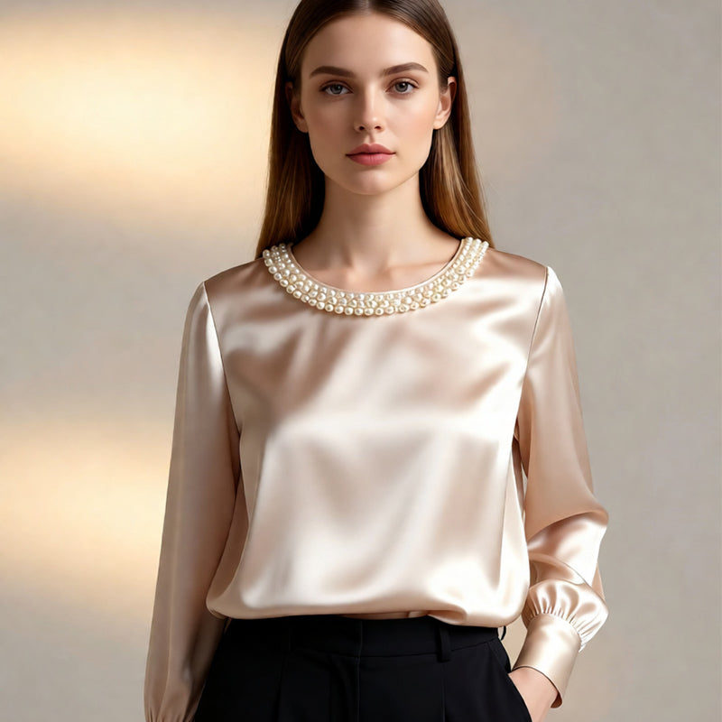Quitterie – Satin Blouse with Pearl Collar