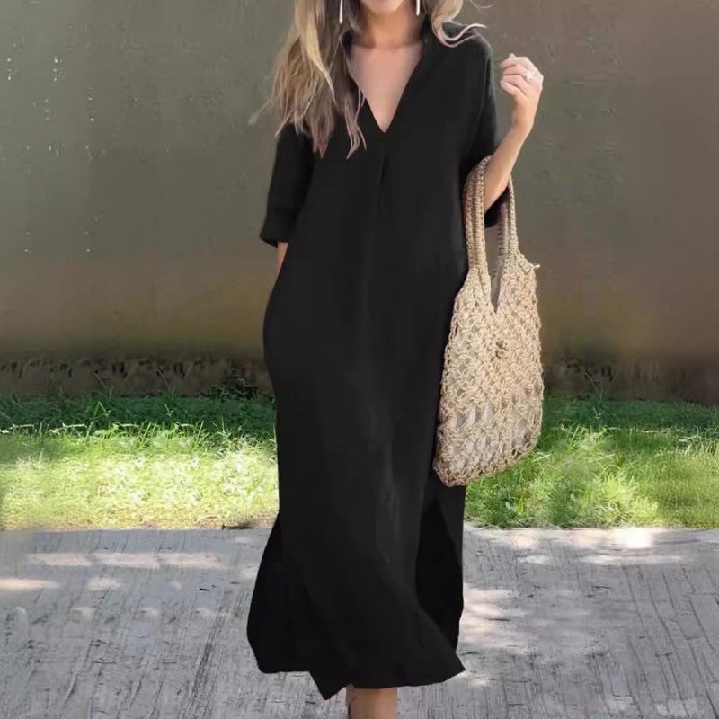 Ramune - Casual Linen Dress with V-Neck