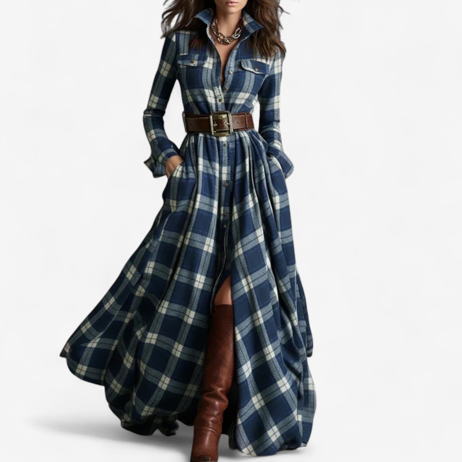 Renske – Checkered Maxi Dress with Belt