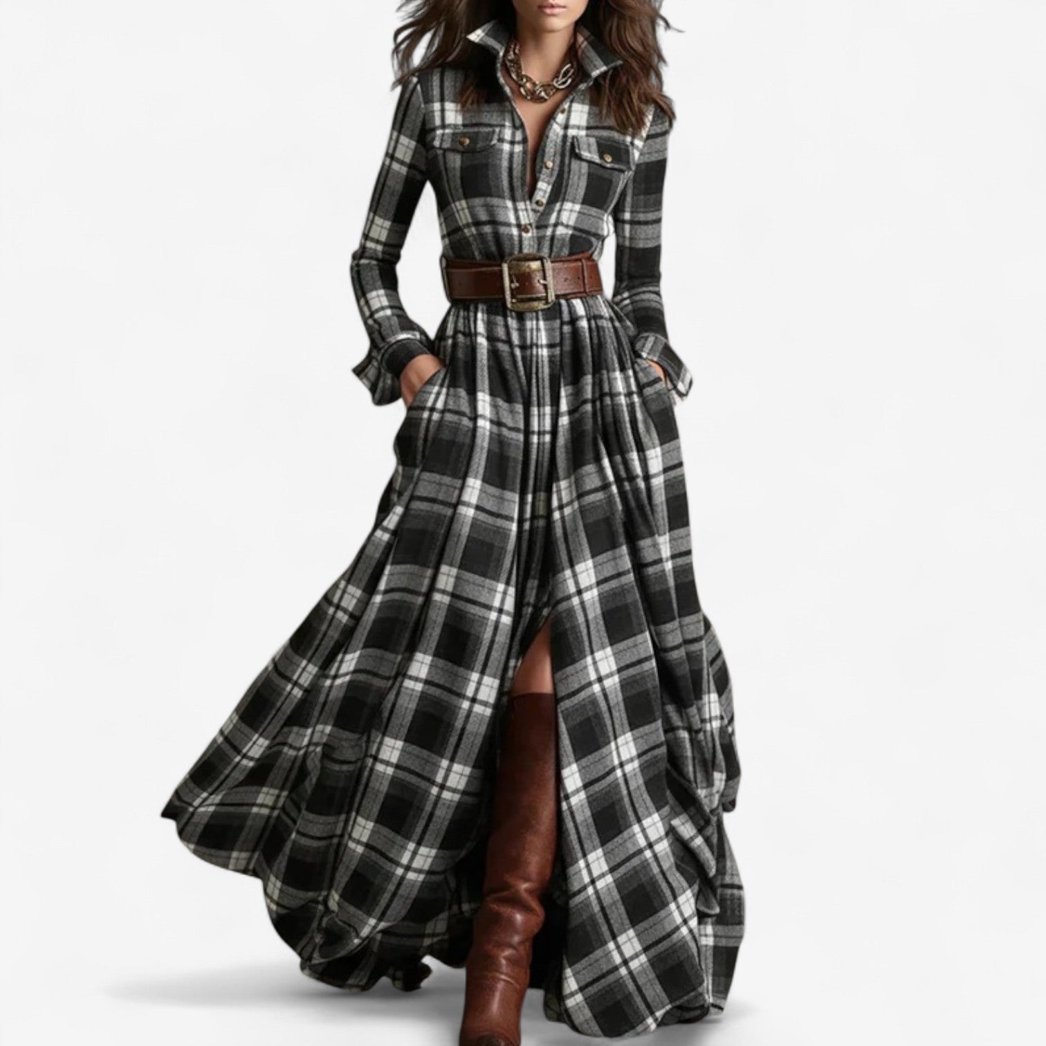 Renske – Checkered Maxi Dress with Belt