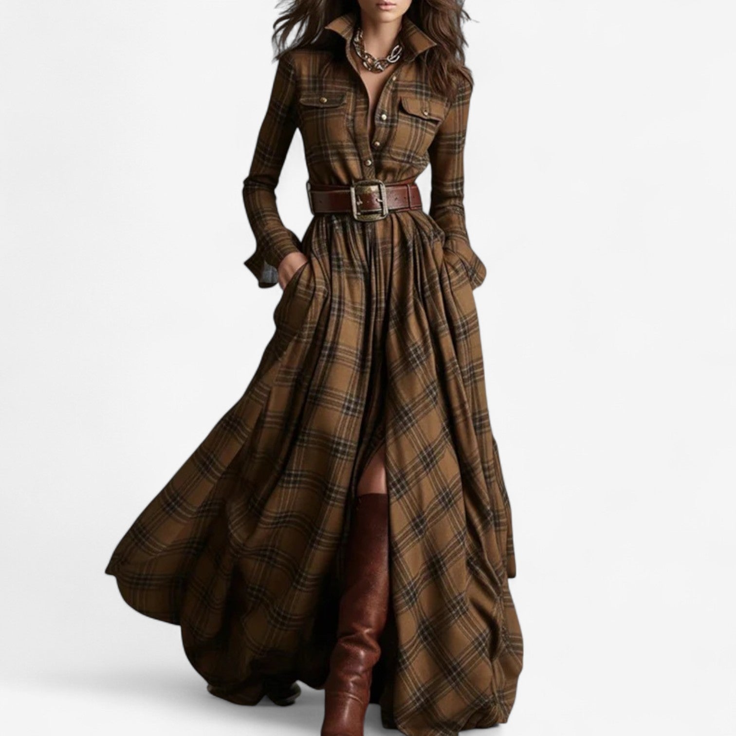 Renske – Checkered Maxi Dress with Belt