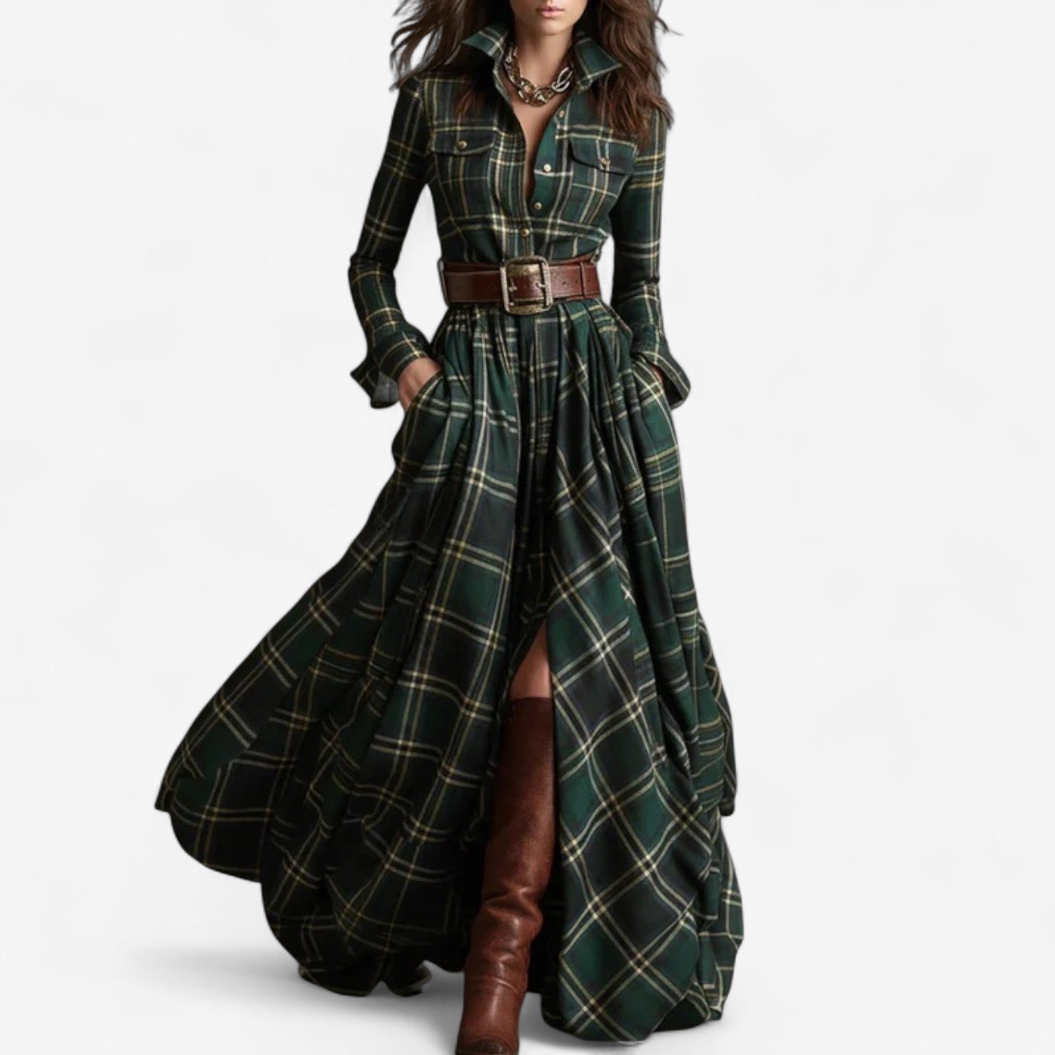 Renske – Checkered Maxi Dress with Belt