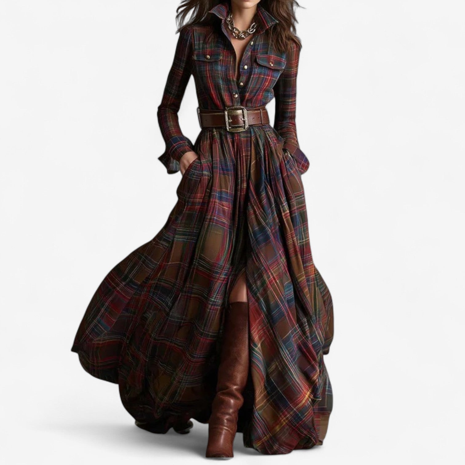 Renske – Checkered Maxi Dress with Belt