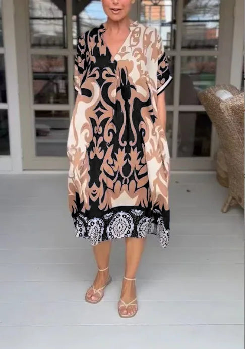 Rilana - V-Neck and Loose Printed Midi Dress