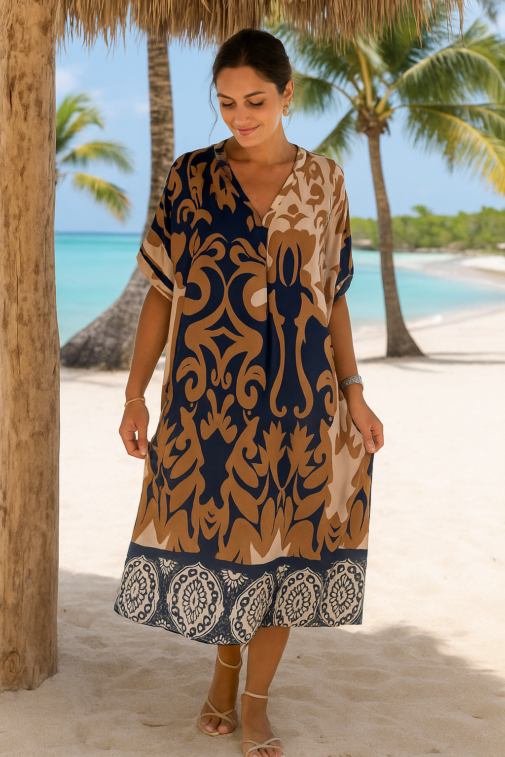 Rilana - V-Neck and Loose Printed Midi Dress
