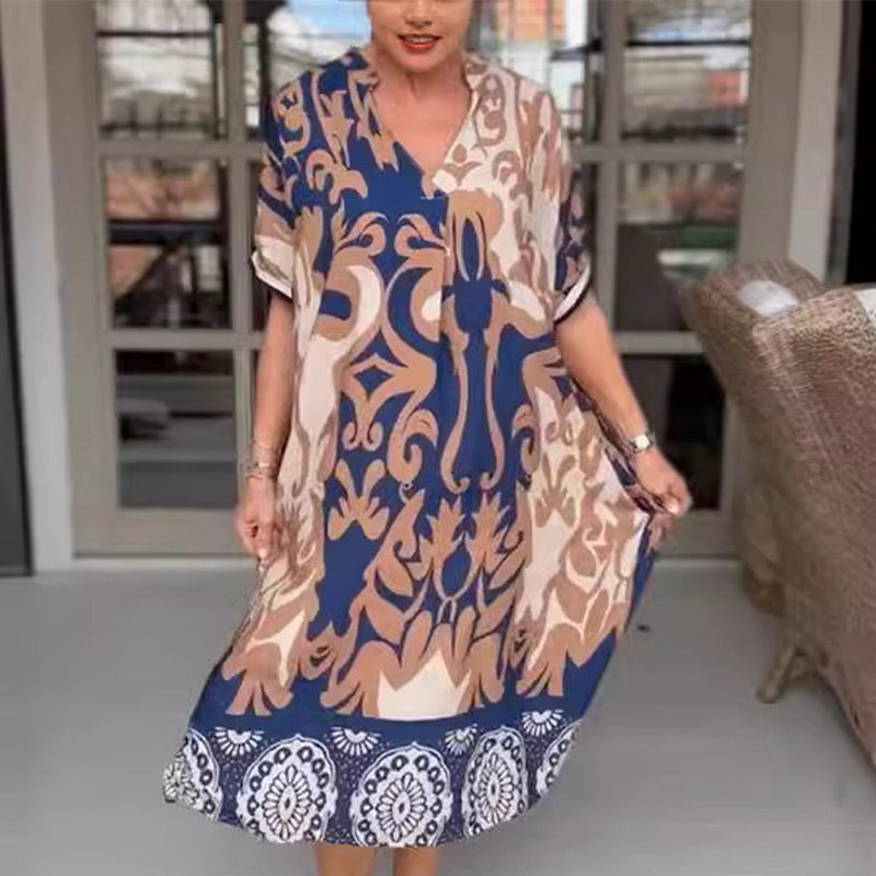 Rilana - V-Neck and Loose Printed Midi Dress