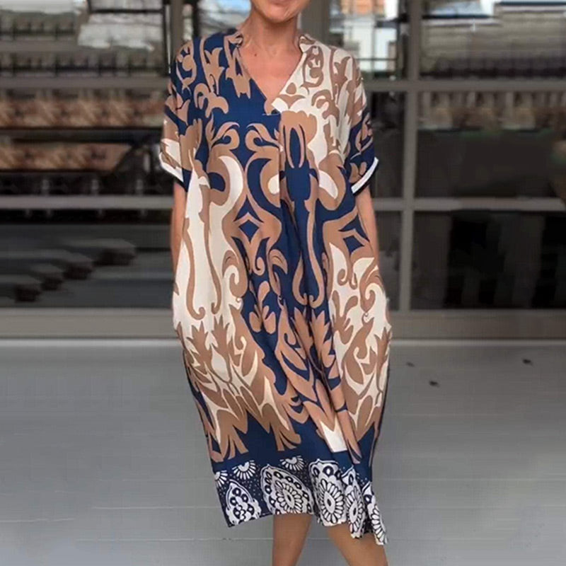 Rilana - V-Neck and Loose Printed Midi Dress