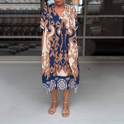 Rilana - V-Neck and Loose Printed Midi Dress