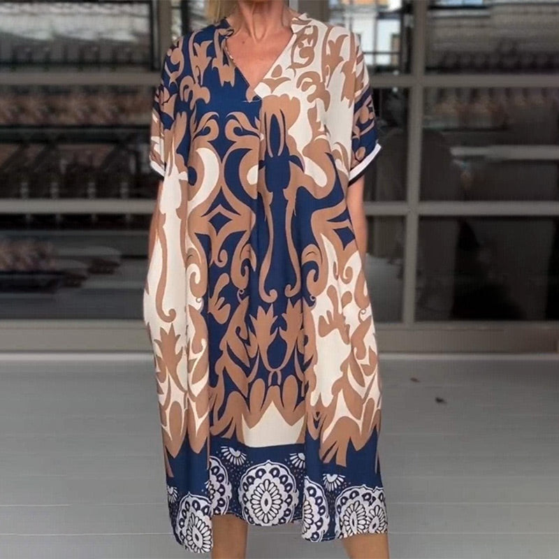 Rilana - V-Neck and Loose Printed Midi Dress