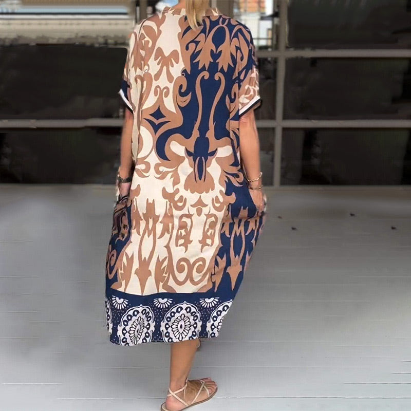 Rilana - V-Neck and Loose Printed Midi Dress