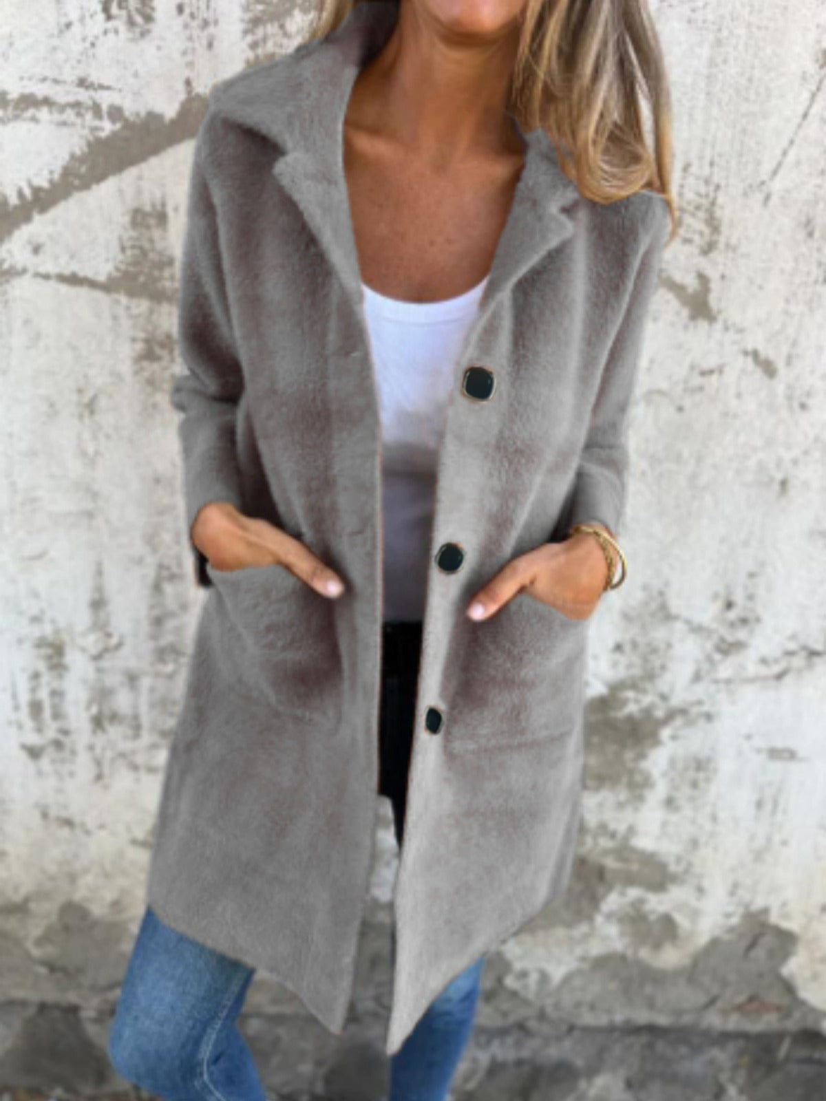 Rionna - Long Sleeve Button Coat with Pockets