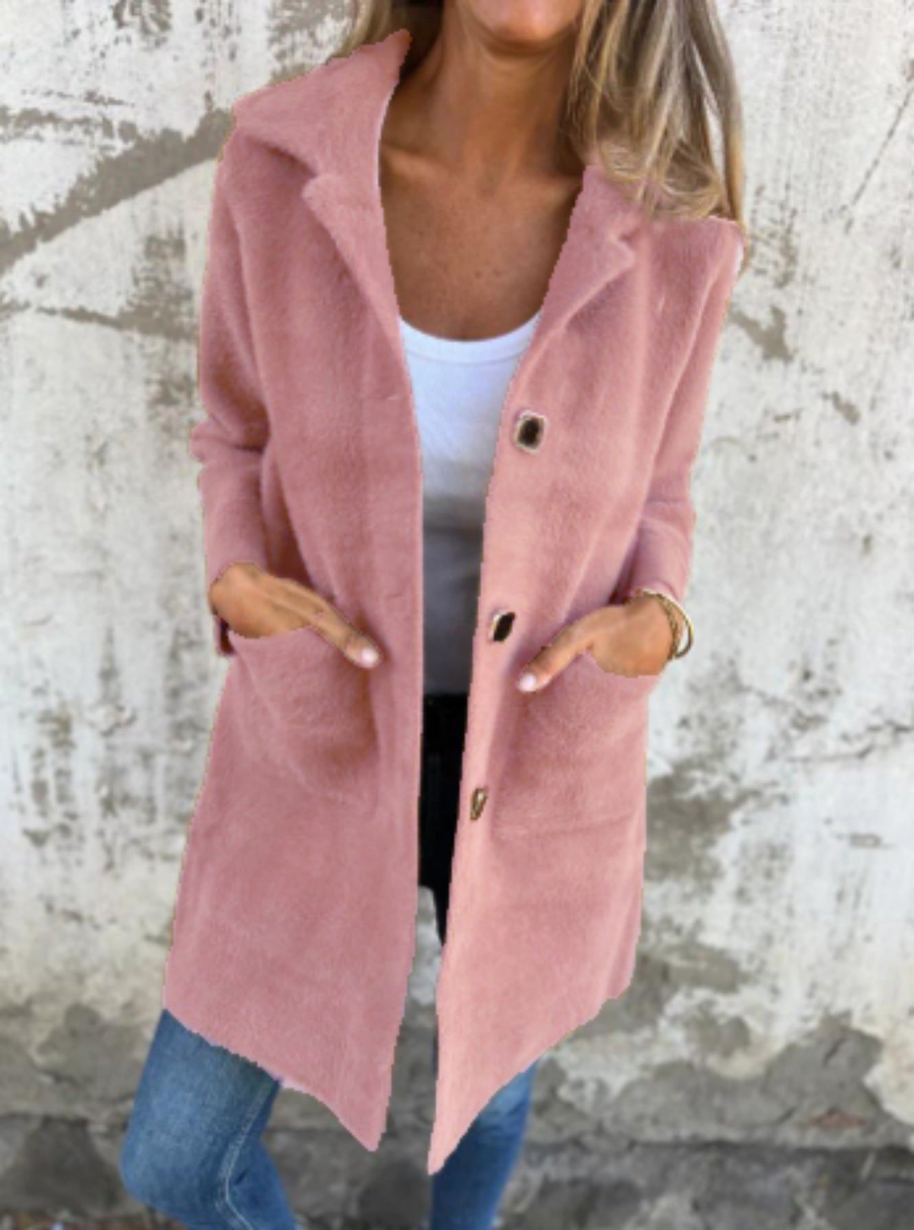 Rionna - Long Sleeve Button Coat with Pockets
