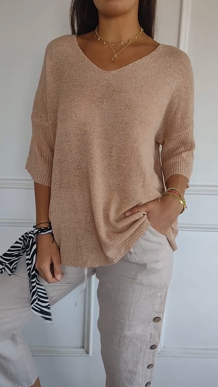 Rosel - Solid Color Knitted Top with V-Neck