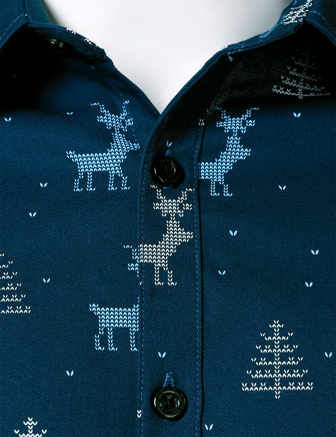 Rowan – Men's Christmas Tree Moose Print Breathable, Navy Blue Long Sleeve Shirt