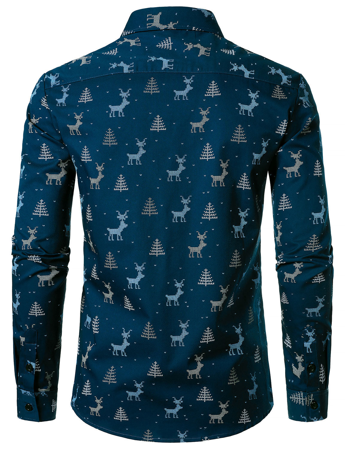 Rowan – Men's Christmas Tree Moose Print Breathable, Navy Blue Long Sleeve Shirt
