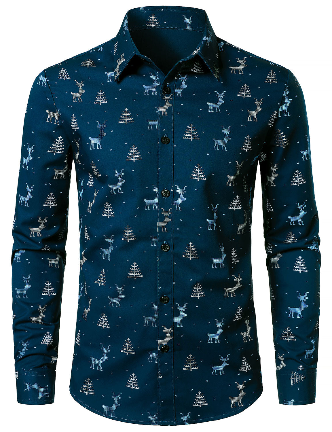 Rowan – Men's Christmas Tree Moose Print Breathable, Navy Blue Long Sleeve Shirt