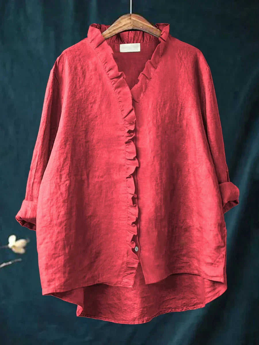 Sanela - Casual Cotton and Linen Ruffle Shirt