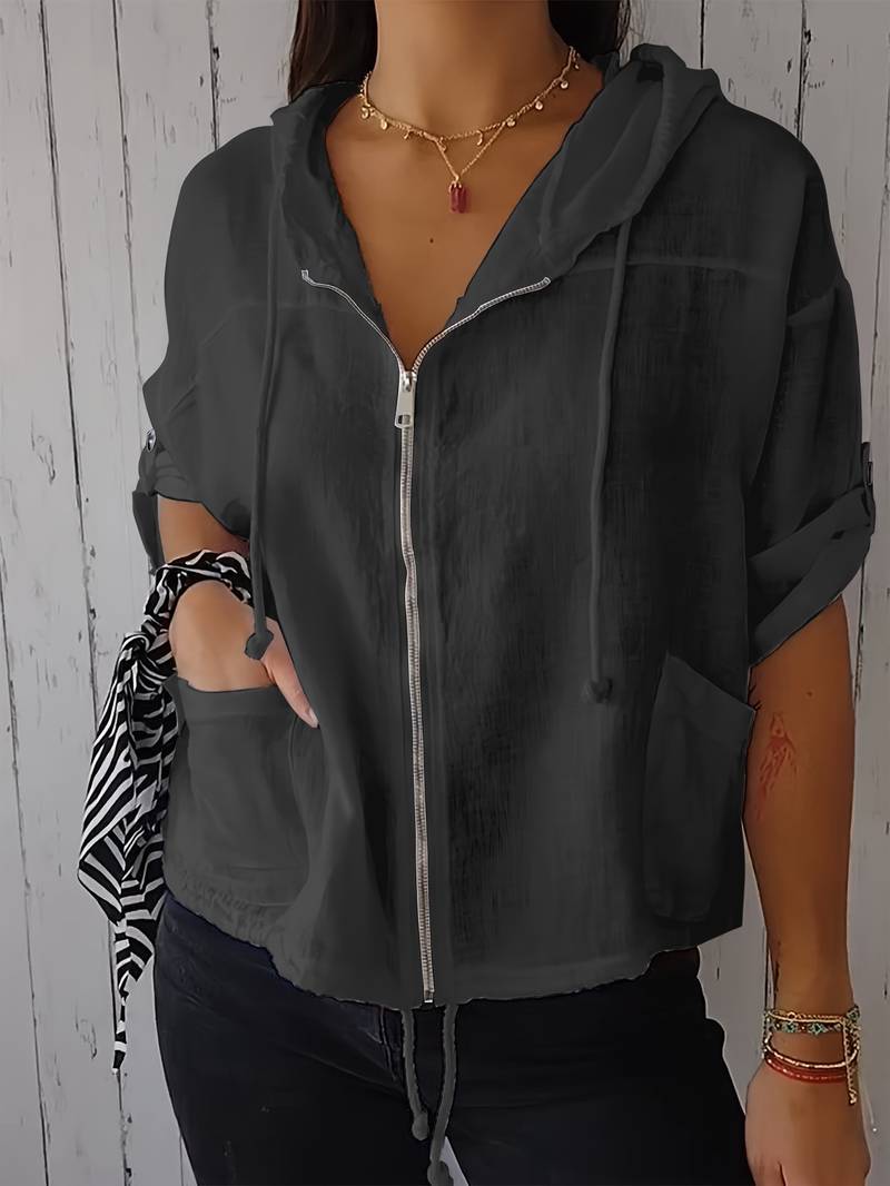 Senushi - Loose-Fitting Zip-Up Hoodie with Short Sleeves