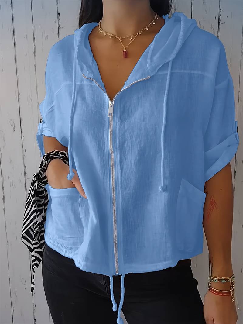 Senushi - Loose-Fitting Zip-Up Hoodie with Short Sleeves