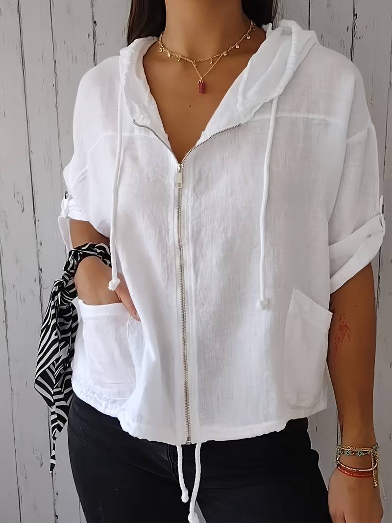 Senushi - Loose-Fitting Zip-Up Hoodie with Short Sleeves