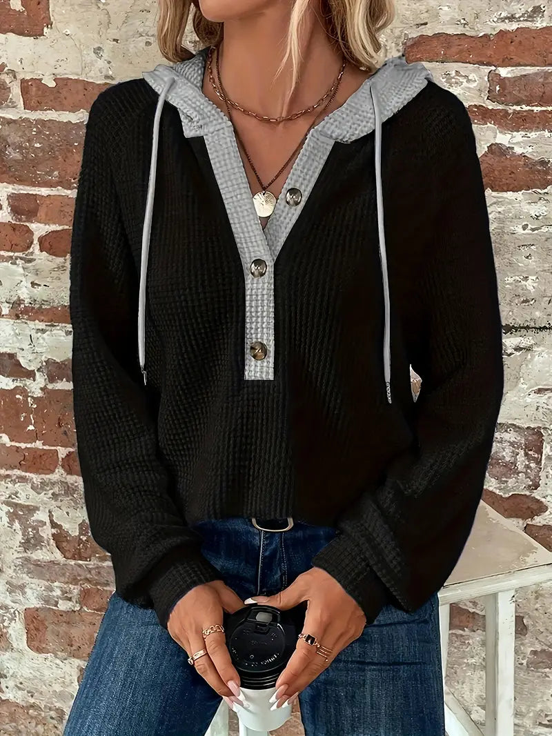 Snezhana - Long-Sleeve Hoodie with Button Placket and Drawstring