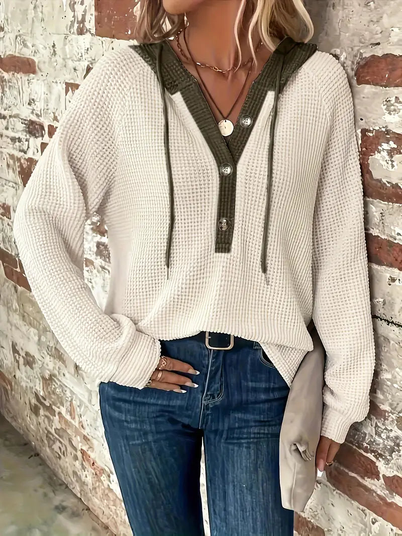 Snezhana - Long-Sleeve Hoodie with Button Placket and Drawstring