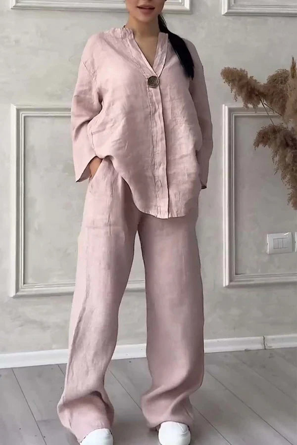 Ensemble deux pièces en coton et lin avec boutons