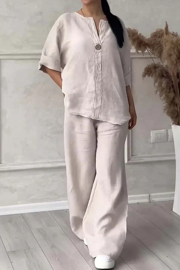 Ensemble deux pièces en coton et lin avec boutons