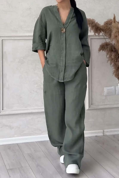 Ensemble deux pièces en coton et lin avec boutons
