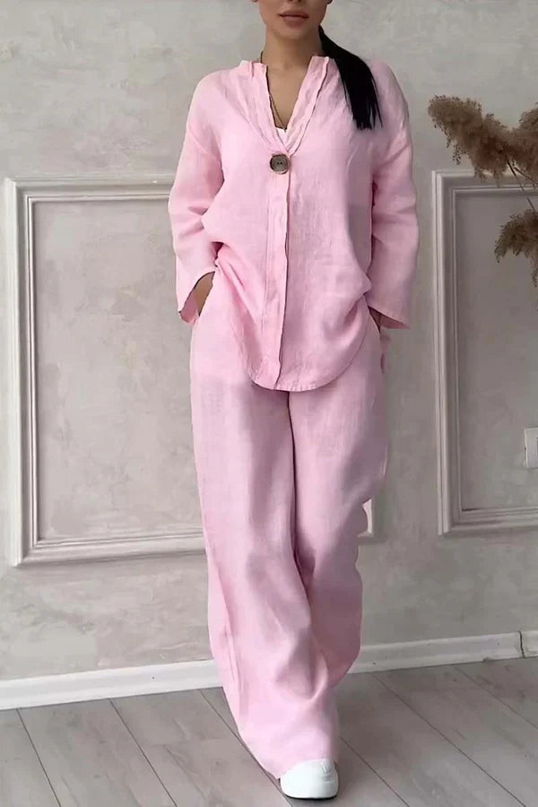 Ensemble deux pièces en coton et lin avec boutons