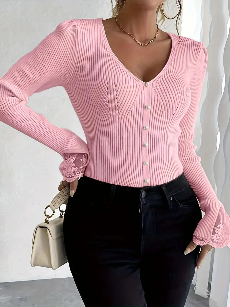 Visenna – Elegant Sweater with V-Neck and Lace Sleeves