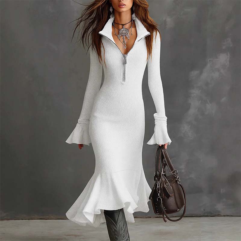 Yafella - Elegant Knit Dress with Zipper and Flared Sleeves