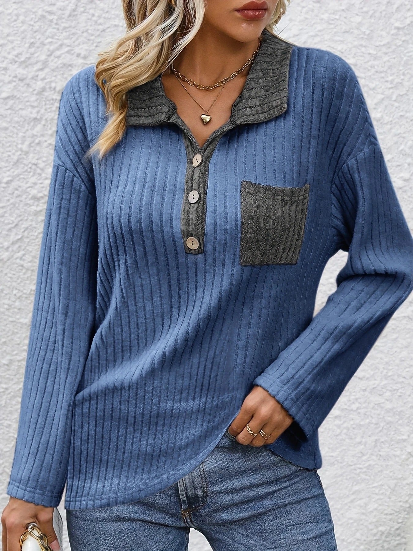 Yanna – Striped Collar and Button Placket Polo Top