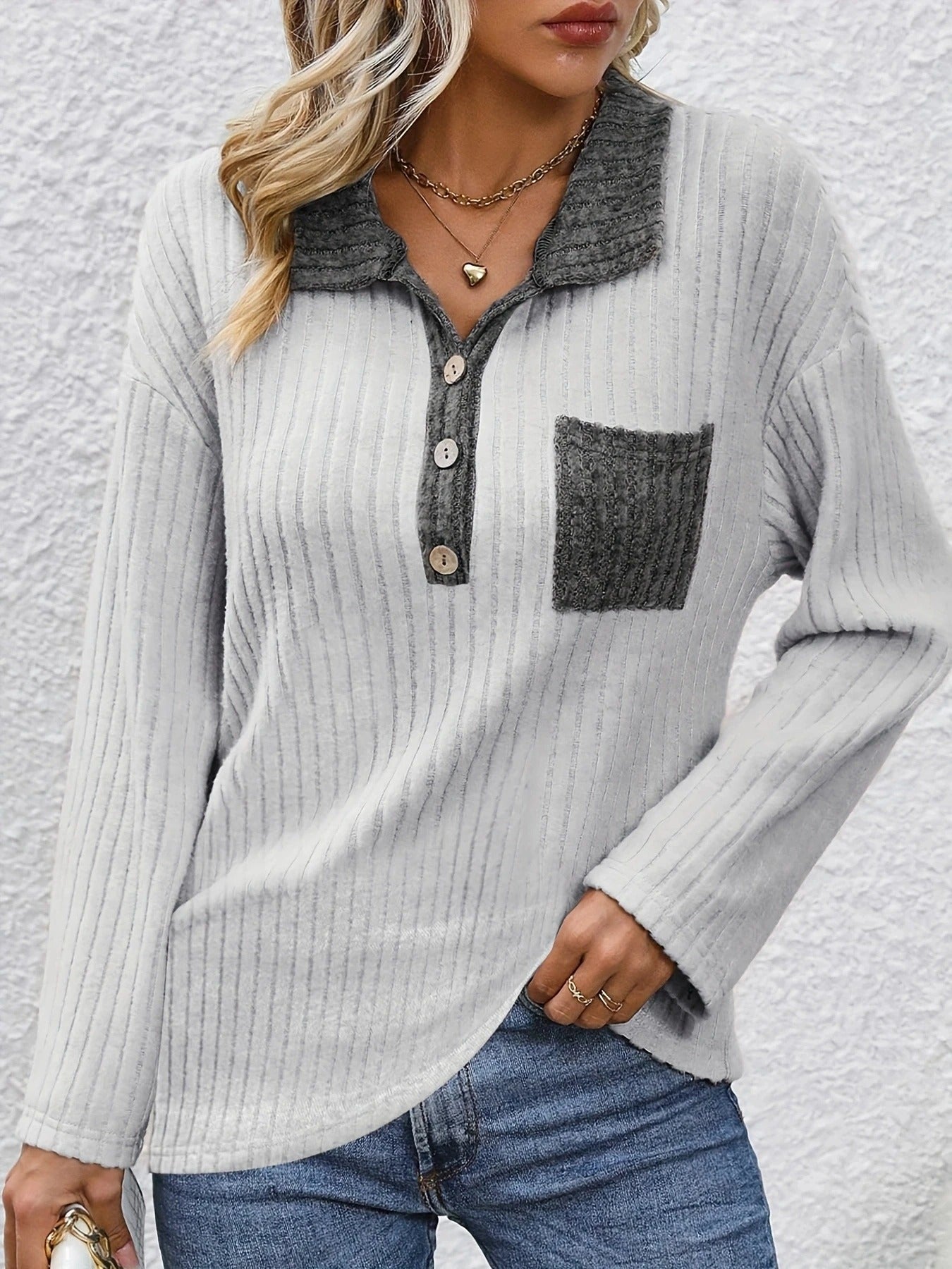 Yanna – Striped Collar and Button Placket Polo Top