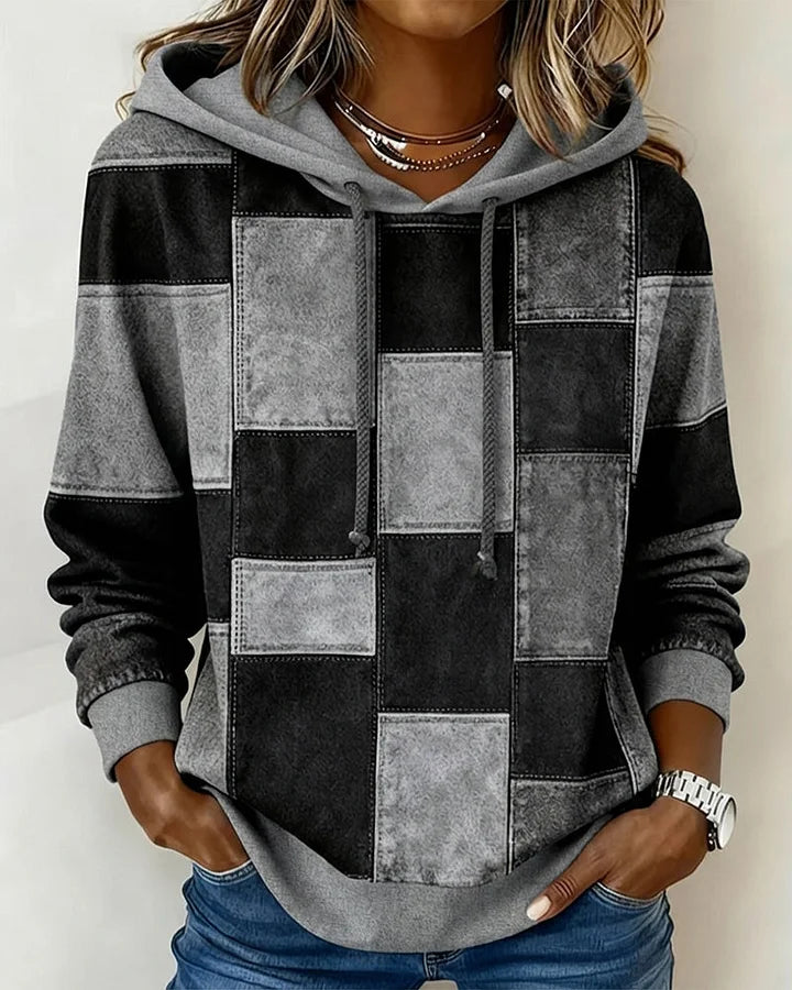 Yaralyn – Stylish Long-Sleeve Hooded Sweater with Check Pattern