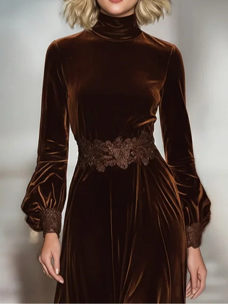 Yasna – Velvet Maxi Dresses with High Collar and Patchwork