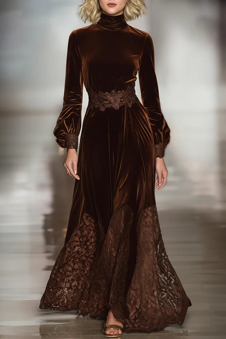 Yasna – Velvet Maxi Dresses with High Collar and Patchwork