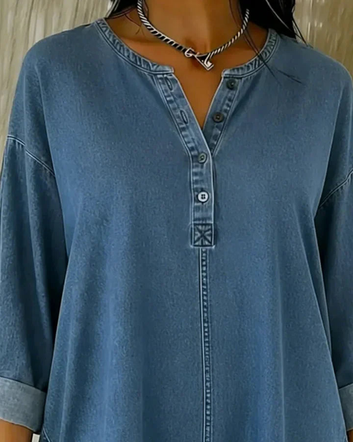 Yenara – Denim Top with Button Placket and V-Neck