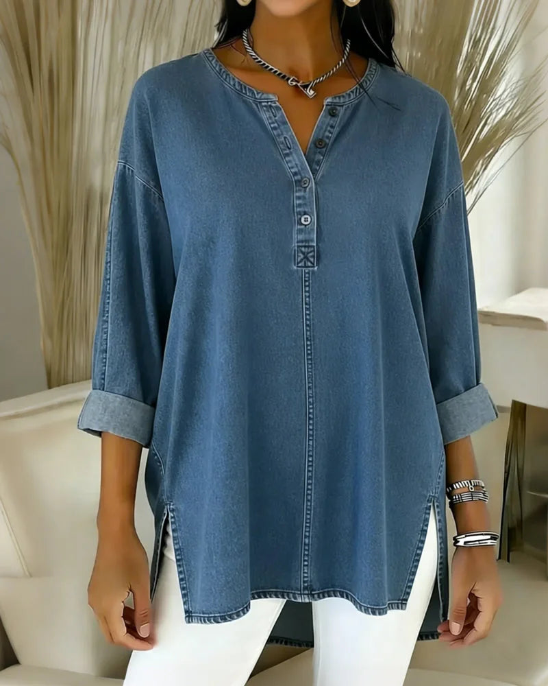 Yenara – Denim Top with Button Placket and V-Neck
