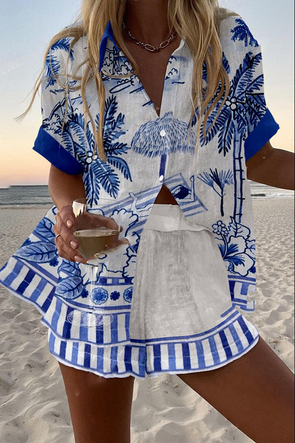 Zanika – Short Linen Suit with Palm Print