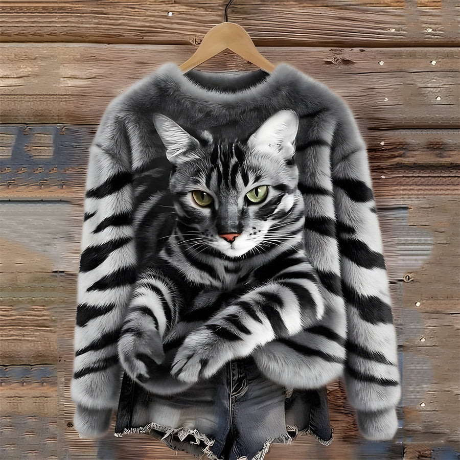 Zohara – Faux Fur Sweater with Cat Print