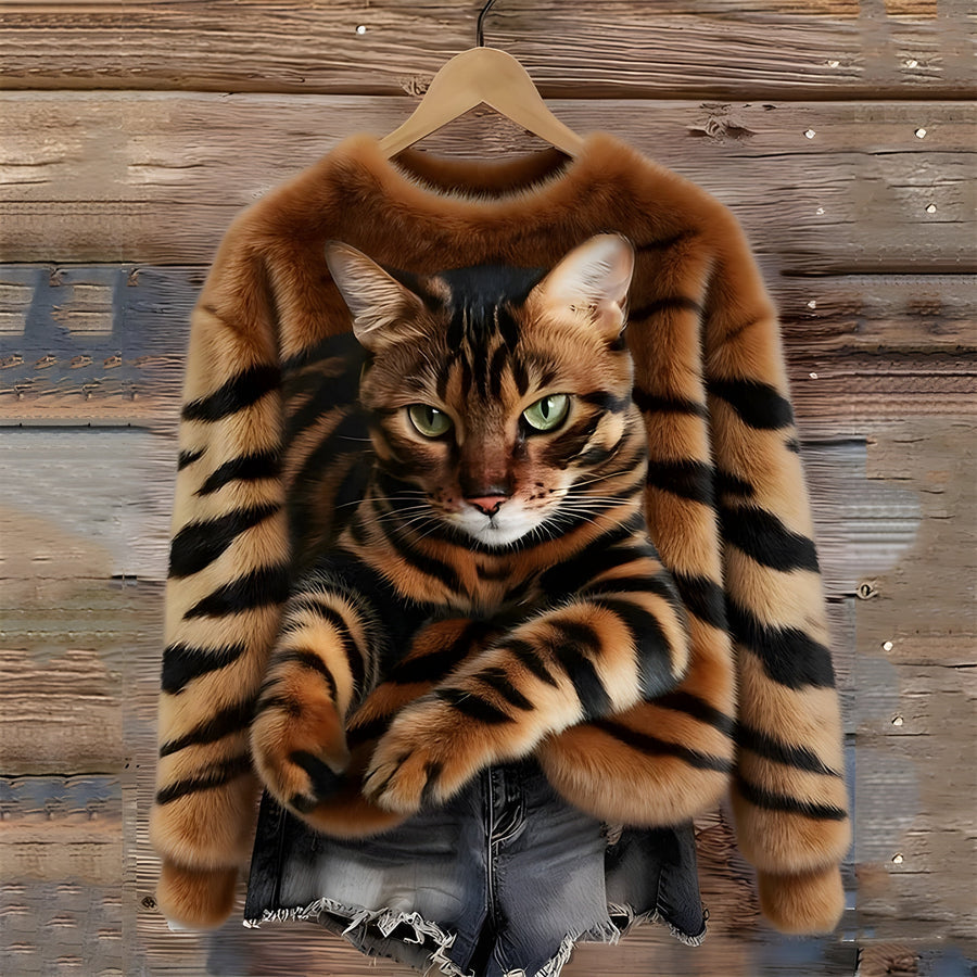 Zohara – Faux Fur Sweater with Cat Print