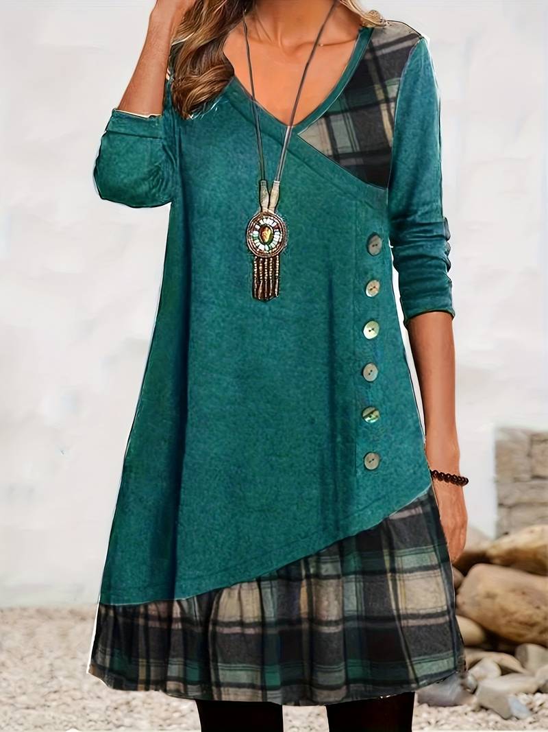 Alinor - Robe décontractée à patchwork à carreaux avec manches longues