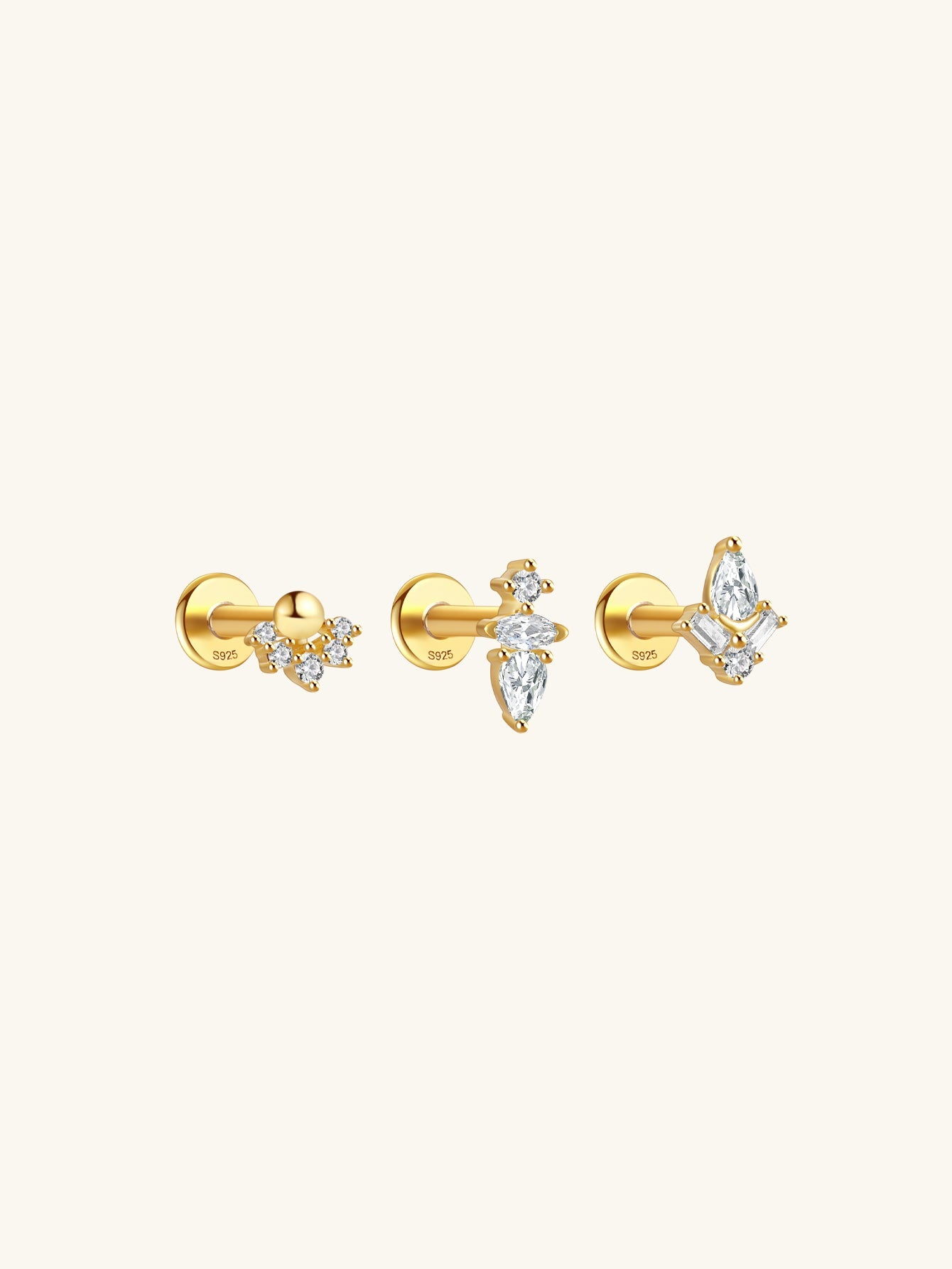 925 Sterling Silver Crown Flat End Ear Piercing Stud Set